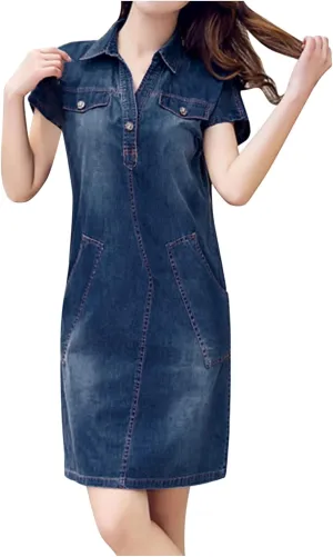 Denim Dress for Women Button Up Jean Shirt Vacation Dresses Casual Summer Tshirt Mini Dress Bussiness Work Dress