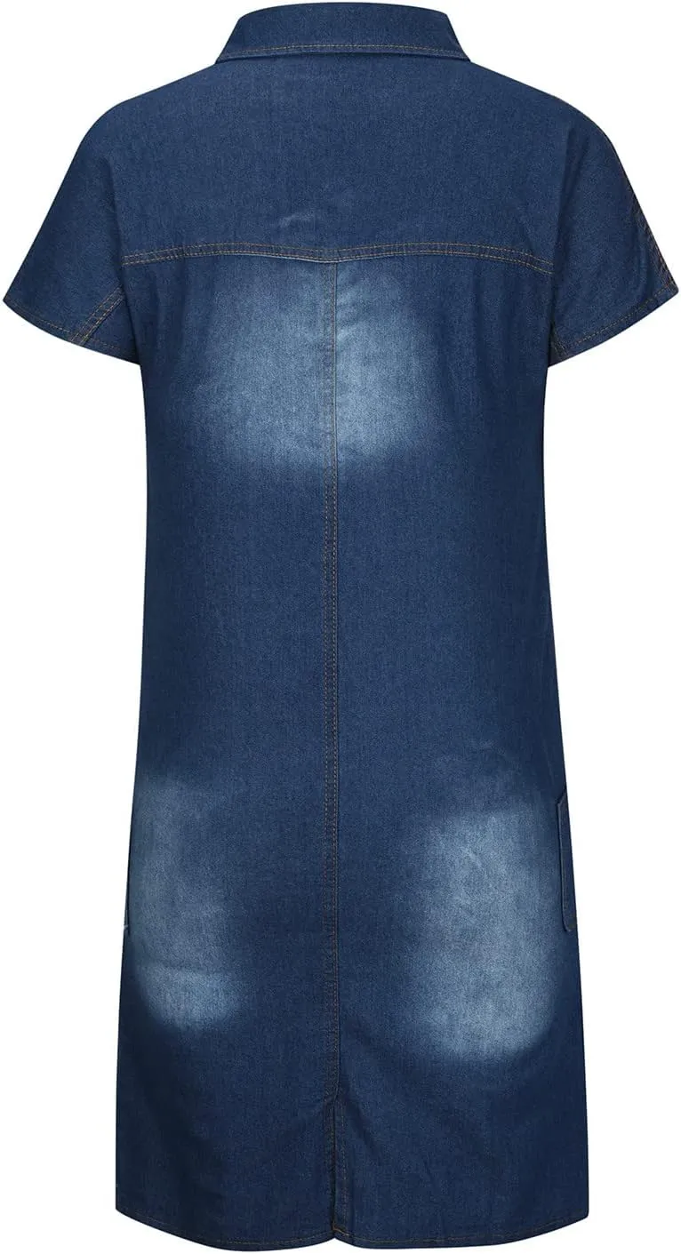 Denim Dress for Women Button Up Jean Shirt Vacation Dresses Casual Summer Tshirt Mini Dress Bussiness Work Dress