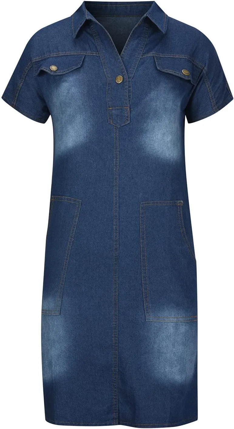 Denim Dress for Women Button Up Jean Shirt Vacation Dresses Casual Summer Tshirt Mini Dress Bussiness Work Dress