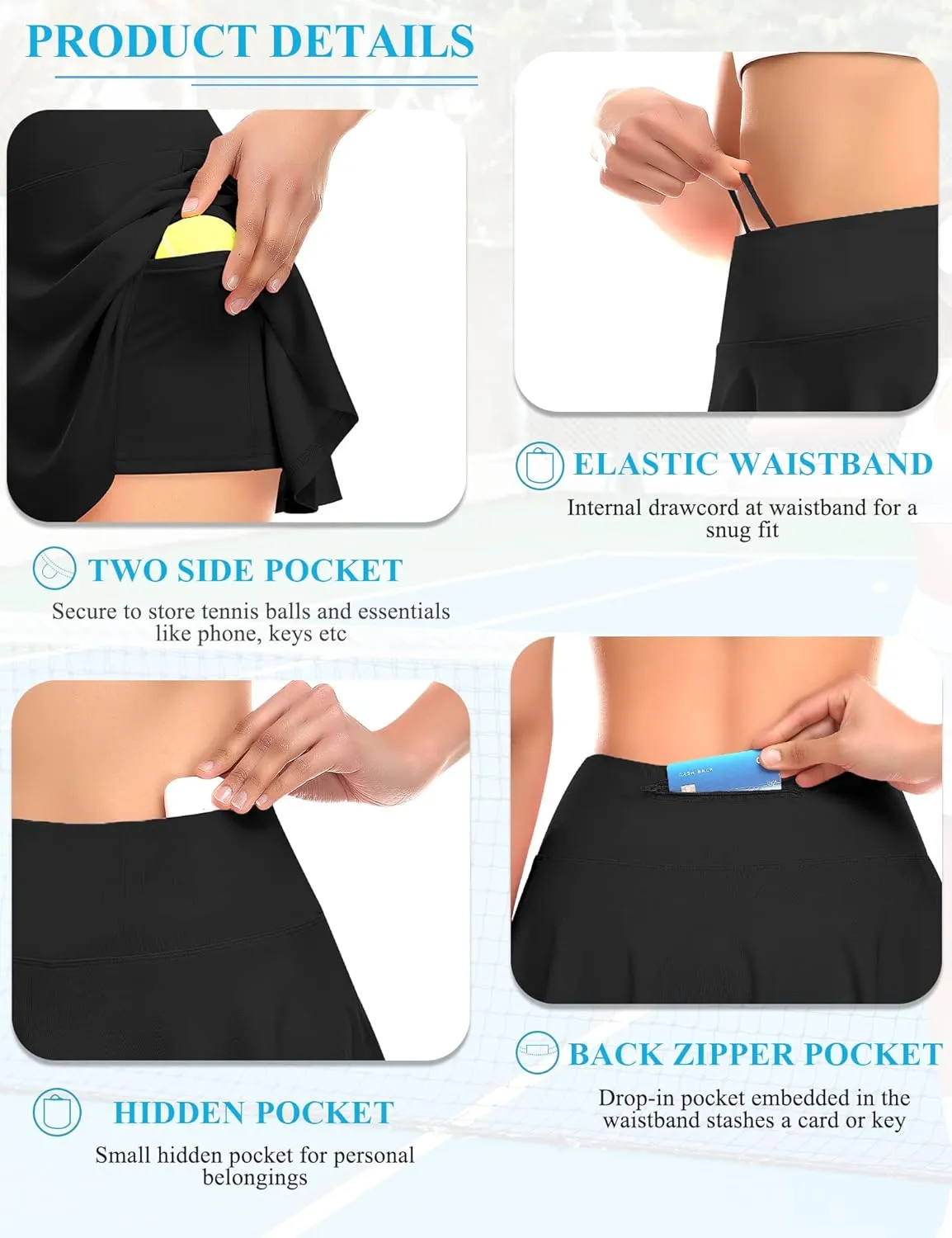 DERCA Pleated Tennis Skirt for Women with Pockets Shorts High Waisted Golf Skirts Workout Running Sports Athletic Skort