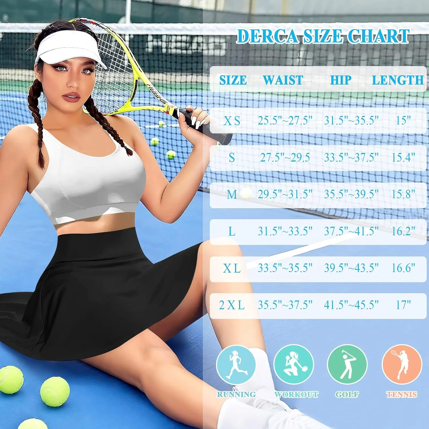 DERCA Pleated Tennis Skirt for Women with Pockets Shorts High Waisted Golf Skirts Workout Running Sports Athletic Skort