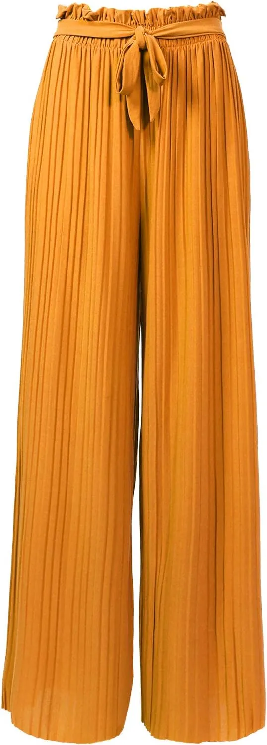 Design by Olivia Women's Ribbon Tie Chiffon Loose Pleated Wide Leg Palazzo Pants