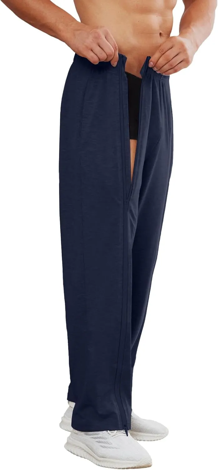 Deyeek Tear Away Pants for Men Full Zipper Legs Sweat Pants Mens Open Bottom Sweatpants Breakaway Cotton Post Surgery Pants