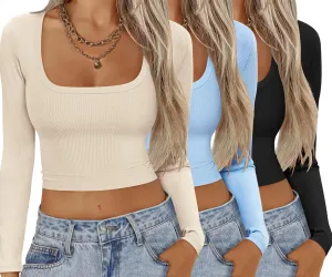 Ekouaer Womens 3 Pack Long Sleeve Crop Tops Square Neck Ribbed Slim Fitted Base Layer Basic Shirt Thermal Undershirts XS-XXL