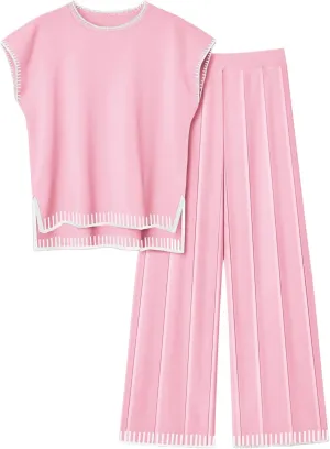 Ekouaer Womens Matching Sets Knit Sweater Sets 2 Pieces Outfits Pullover Tops Wide Legs Pants Lounge Set