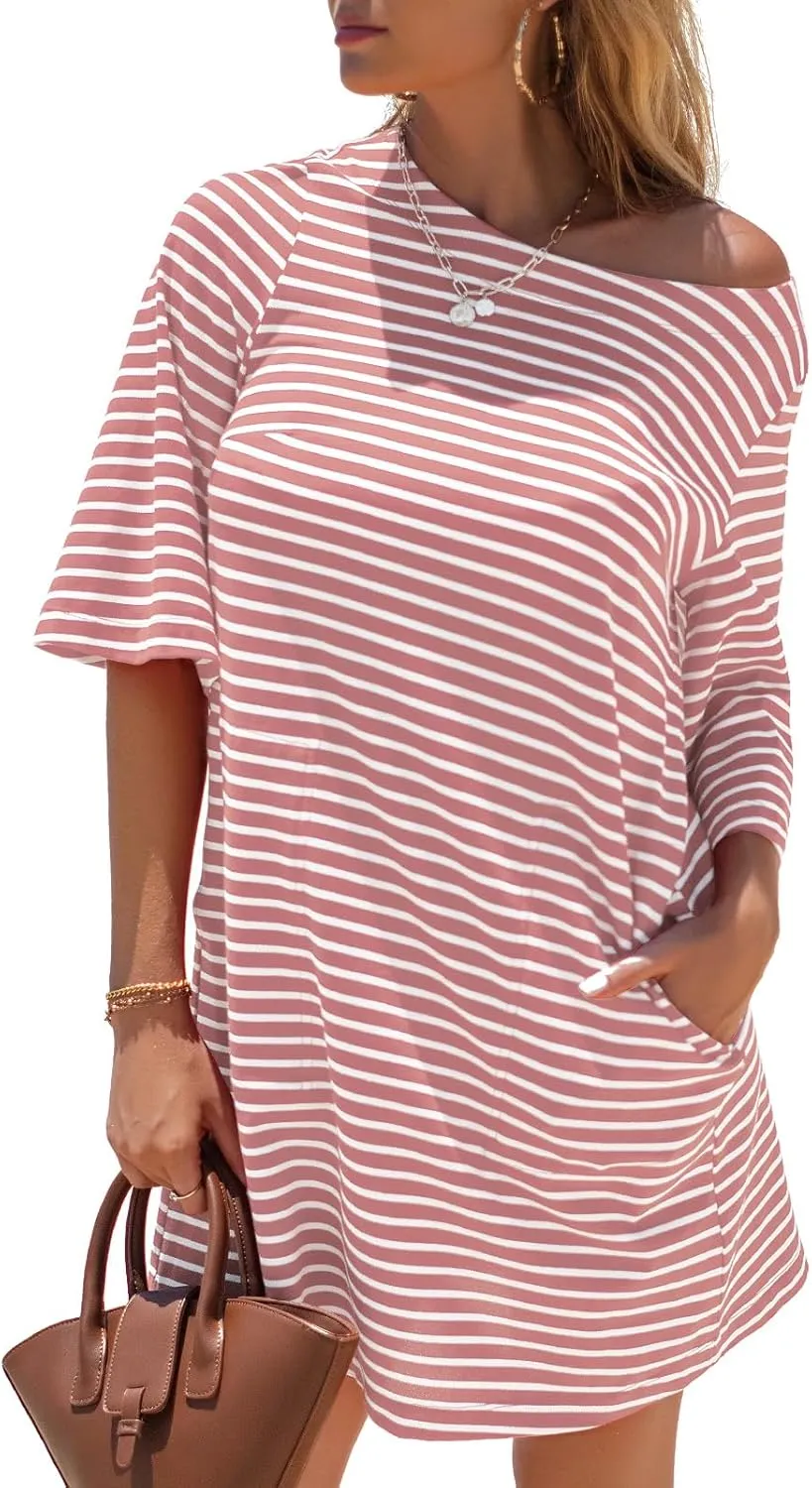 EXLURA Women's Summer T Shirt Dress Casual Short Sleeve Loose Striped Mini Dresses 2025 Vacation Beach Sundress Pockets