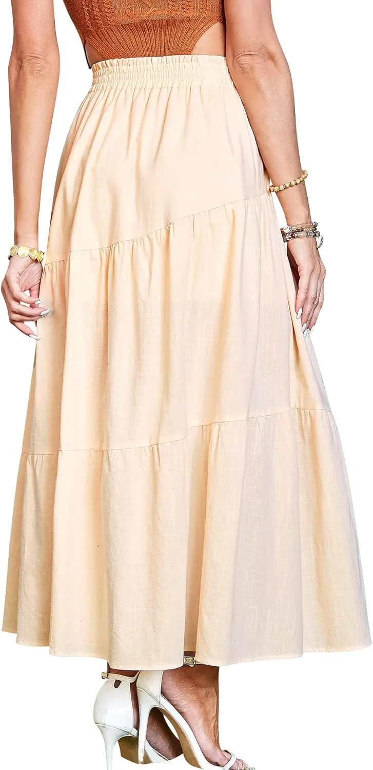 Ezcosplay Women Maxi Linen Skirt Elastic High Waist A-Line Swing Long Beach Skirt Summer