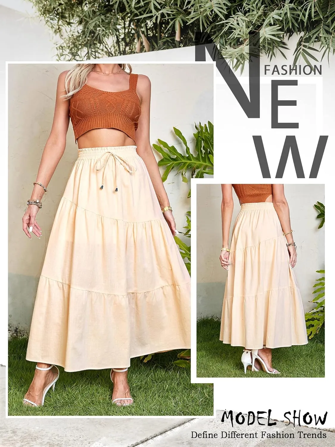 Ezcosplay Women Maxi Linen Skirt Elastic High Waist A-Line Swing Long Beach Skirt Summer