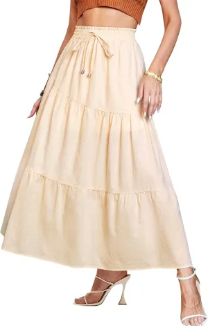 Ezcosplay Women Maxi Linen Skirt Elastic High Waist A-Line Swing Long Beach Skirt Summer