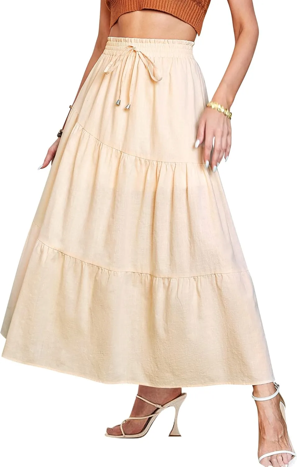 Ezcosplay Women Maxi Linen Skirt Elastic High Waist A-Line Swing Long Beach Skirt Summer