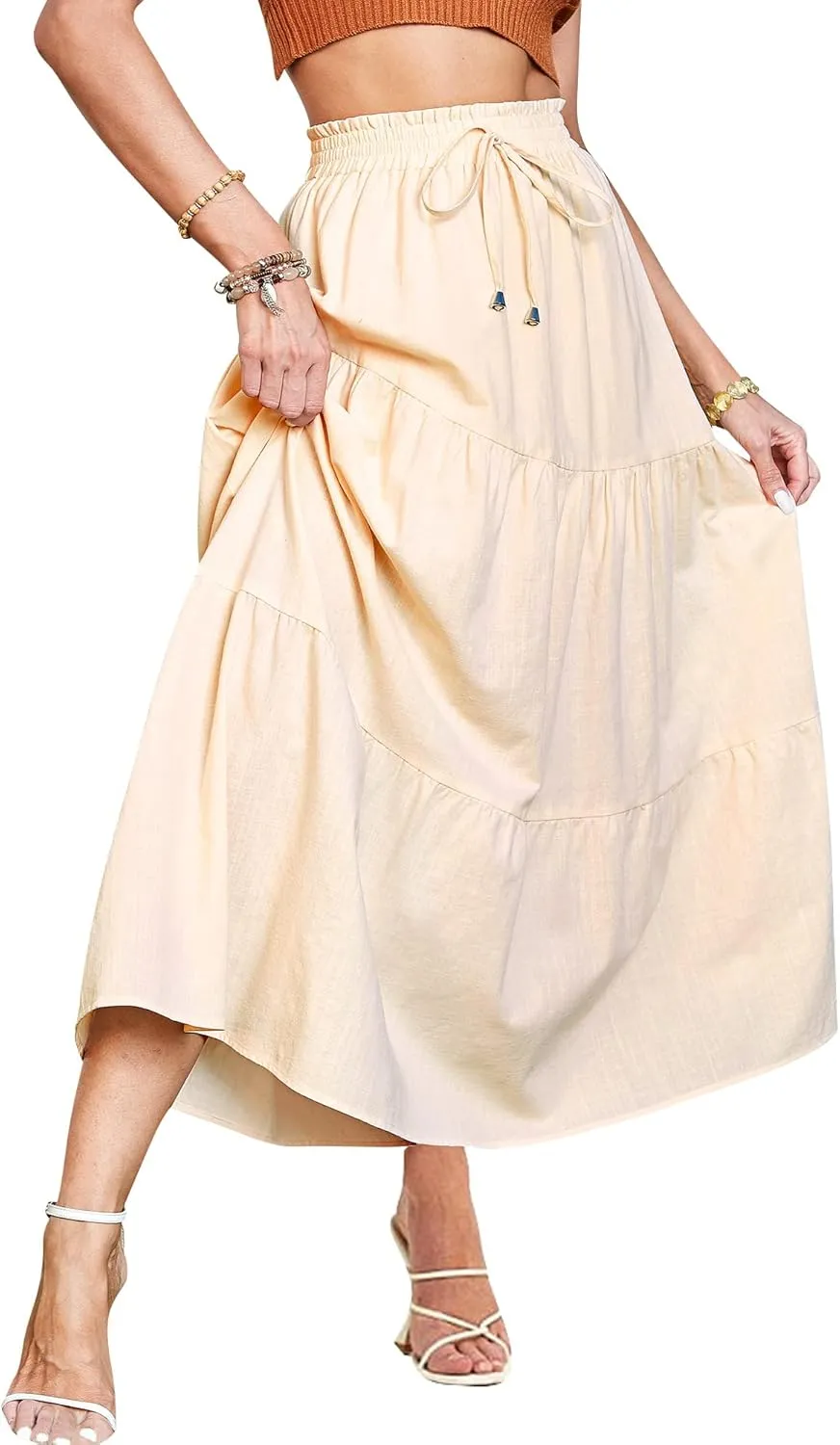 Ezcosplay Women Maxi Linen Skirt Elastic High Waist A-Line Swing Long Beach Skirt Summer