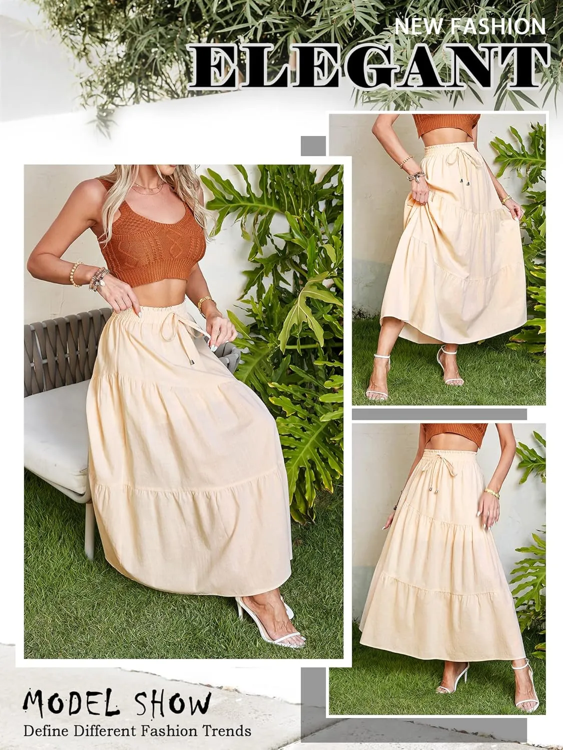Ezcosplay Women Maxi Linen Skirt Elastic High Waist A-Line Swing Long Beach Skirt Summer