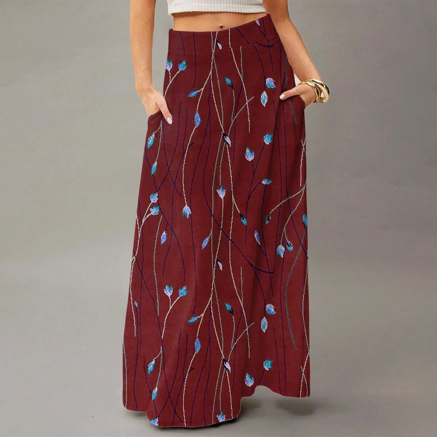 fanmpghleoo Spring Skirts for Women 2025 Boho Elastic High Waisted Maxi Skirt with Pockets Flowy Beach Vacation Long Skirt