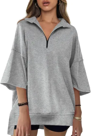 Fisoew Womens Oversized Sweatshirt Casual Zip Up V Neck 3/4 Sleeve High Low Pullover Tunic Tops