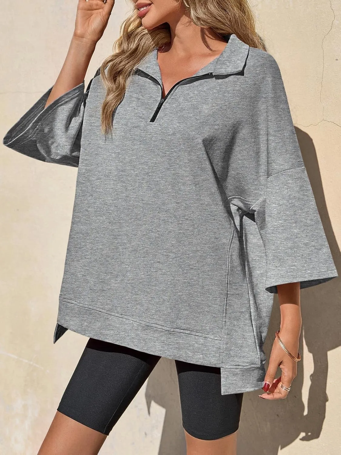 Fisoew Womens Oversized Sweatshirt Casual Zip Up V Neck 3/4 Sleeve High Low Pullover Tunic Tops