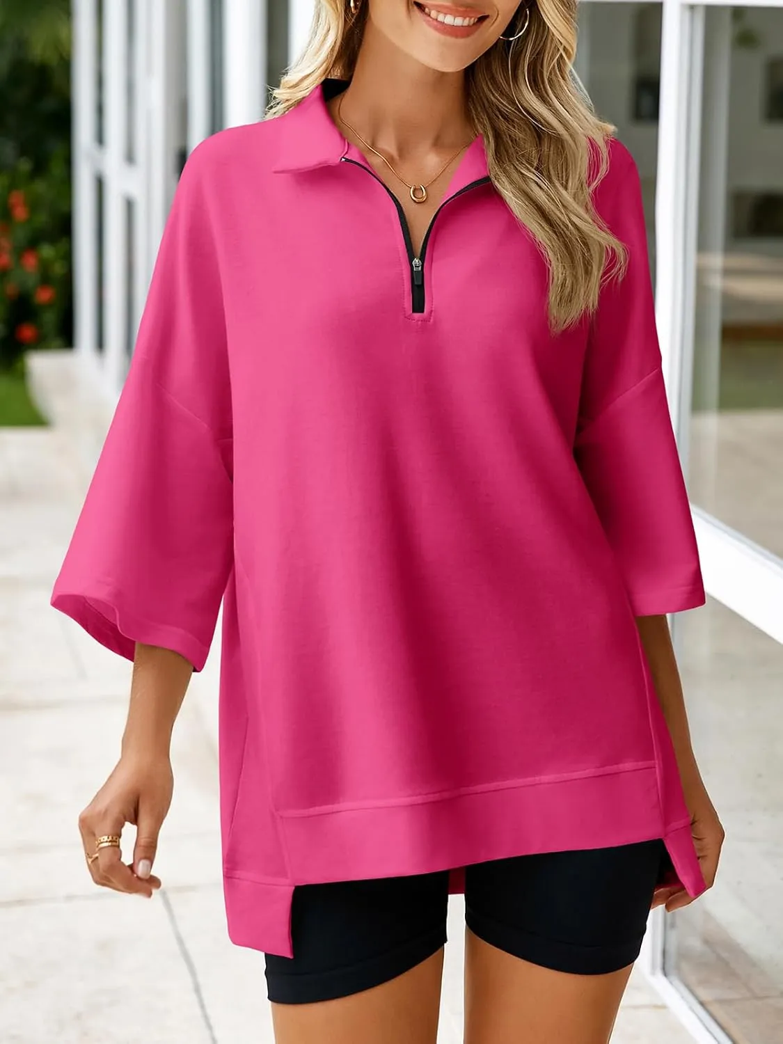 Fisoew Womens Oversized Sweatshirt Casual Zip Up V Neck 3/4 Sleeve High Low Pullover Tunic Tops
