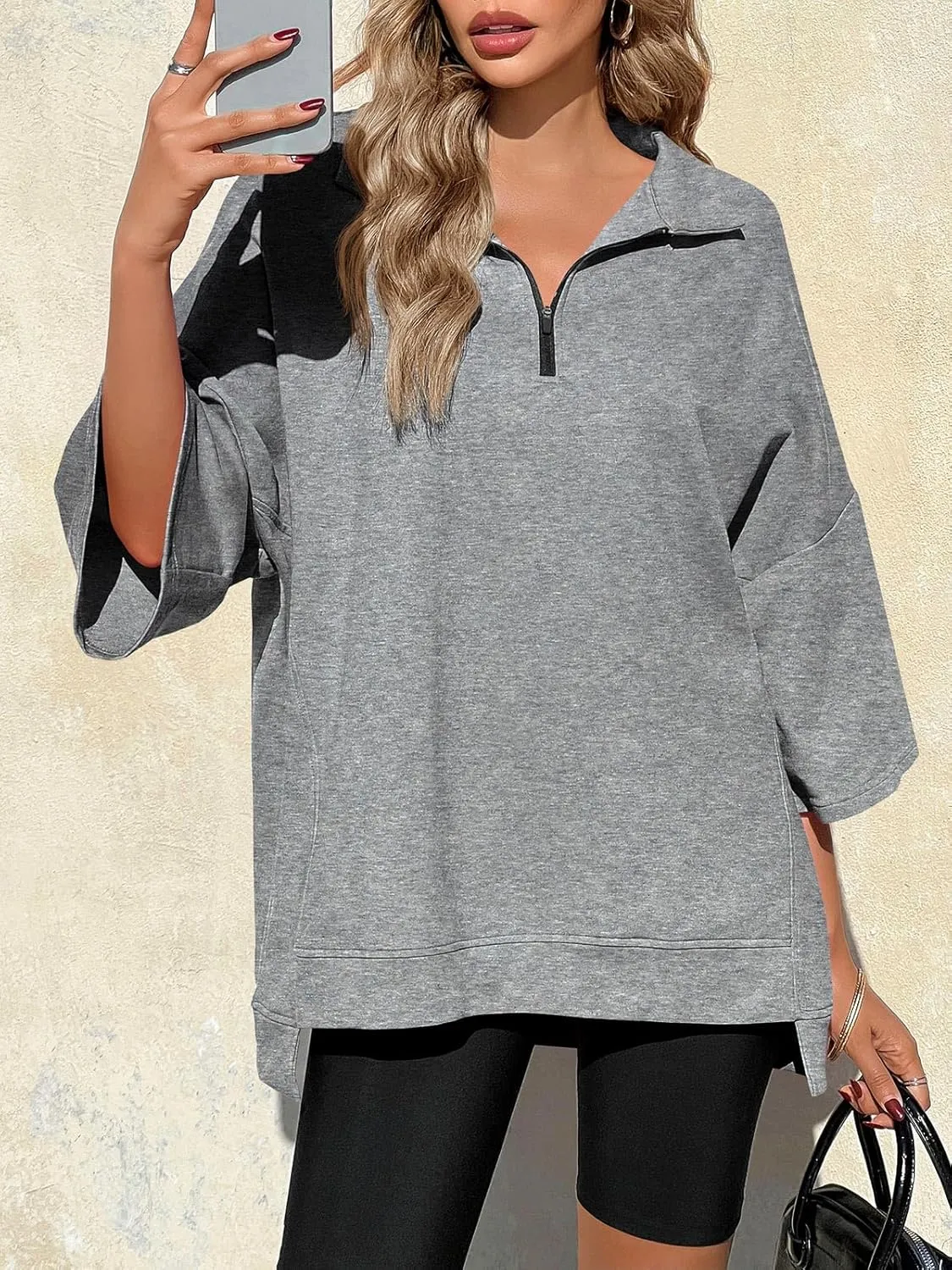 Fisoew Womens Oversized Sweatshirt Casual Zip Up V Neck 3/4 Sleeve High Low Pullover Tunic Tops