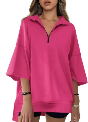 Fisoew Womens Oversized Sweatshirt Casual Zip Up V Neck 3/4 Sleeve High Low Pullover Tunic Tops
