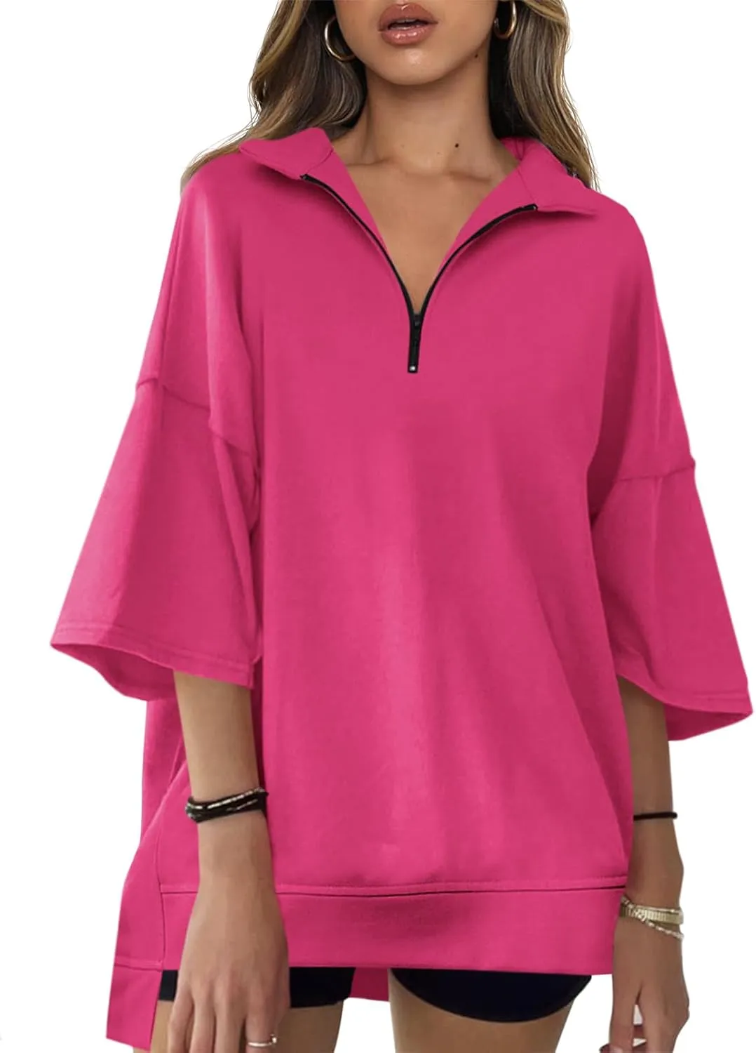 Fisoew Womens Oversized Sweatshirt Casual Zip Up V Neck 3/4 Sleeve High Low Pullover Tunic Tops