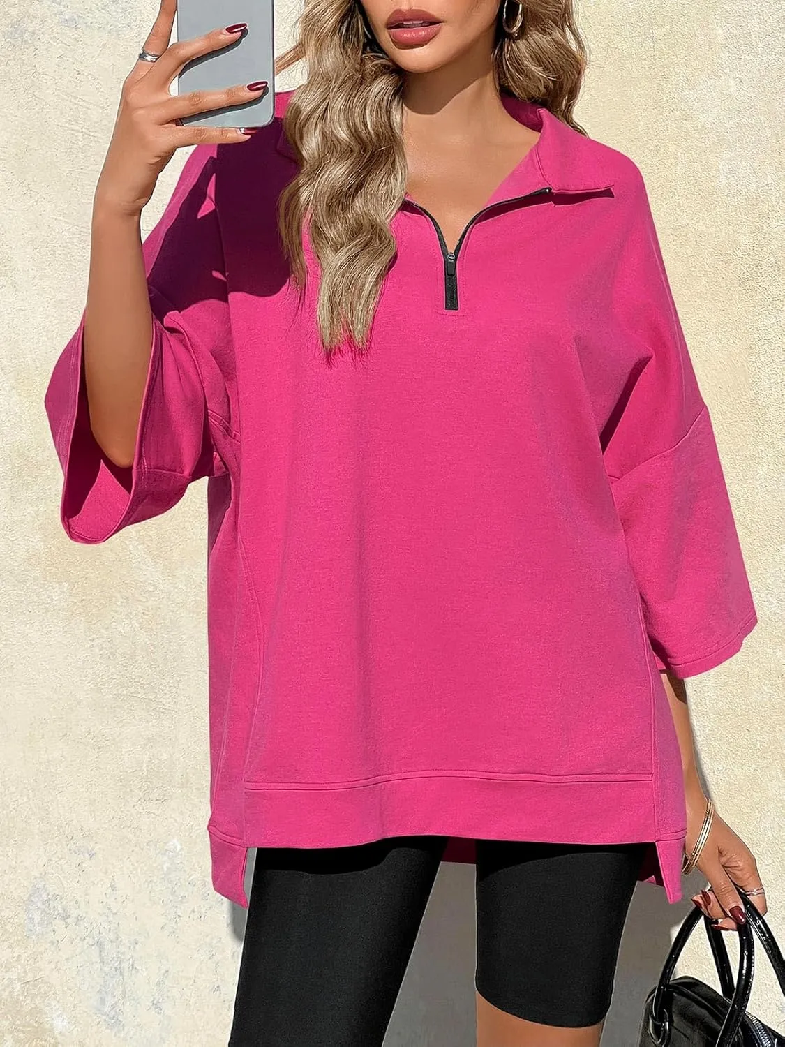 Fisoew Womens Oversized Sweatshirt Casual Zip Up V Neck 3/4 Sleeve High Low Pullover Tunic Tops