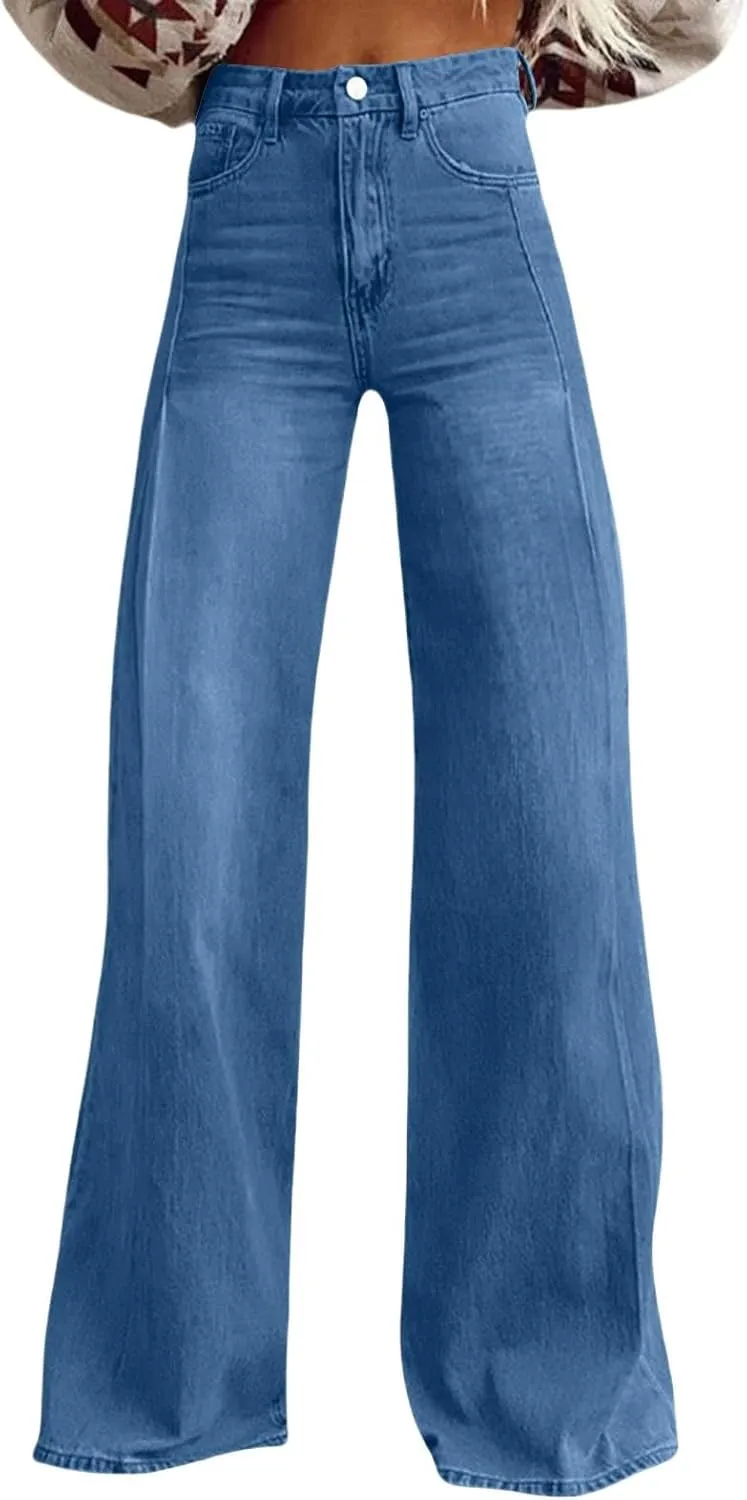 Flare Jeans for Women Wide Leg Baggy Pant 2025 Casual Summer High Waisted Straight Y2K Streetwear Denim Pants with Pockets
