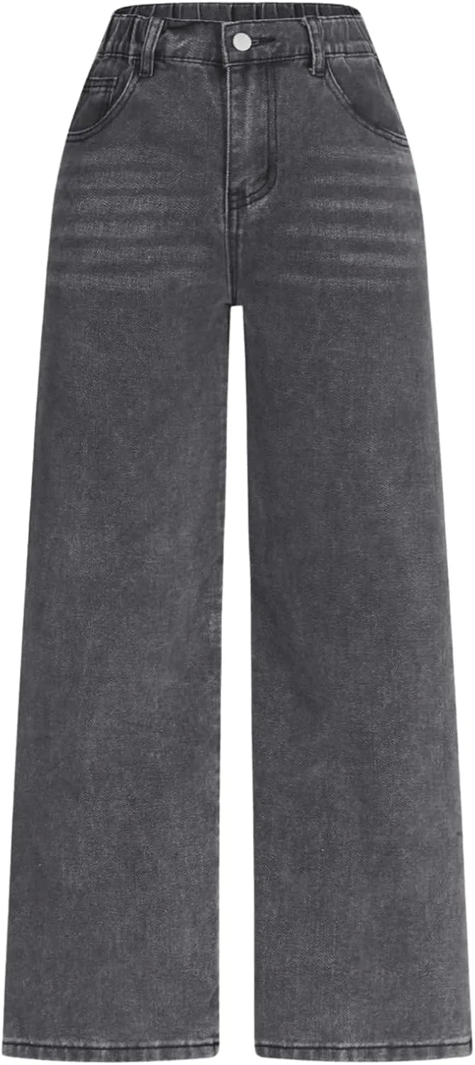 Floerns Girl's Distressed Ripped Denim Pants Elastic Waist Wide Leg Jeans with Pocket