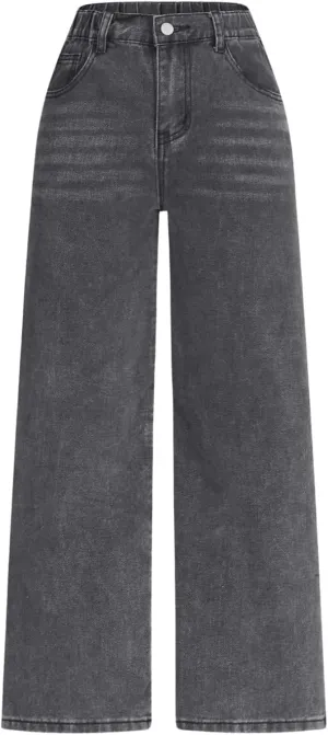 Floerns Girl's Distressed Ripped Denim Pants Elastic Waist Wide Leg Jeans with Pocket