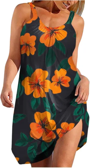 Floral Printed Midi Tank Dress for Women Sleeveless Summer Boho Dresses Loose Fit Beach Cover Ups Sundress