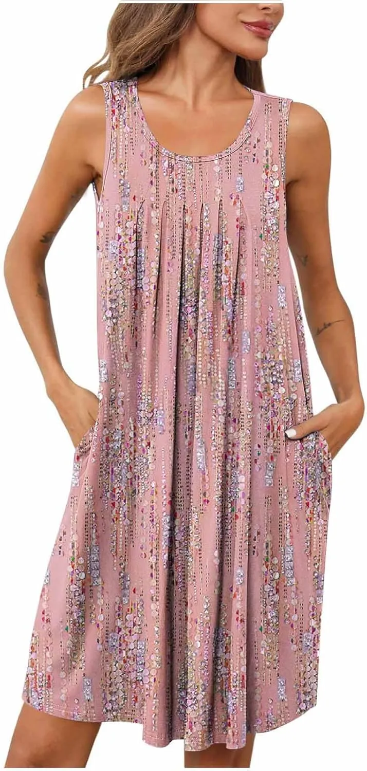 Flowy Dresses for Women Summer Casual Sleeveless Polka Dots Sundress Ruched Beach Vacation Tank Dress with Pockets