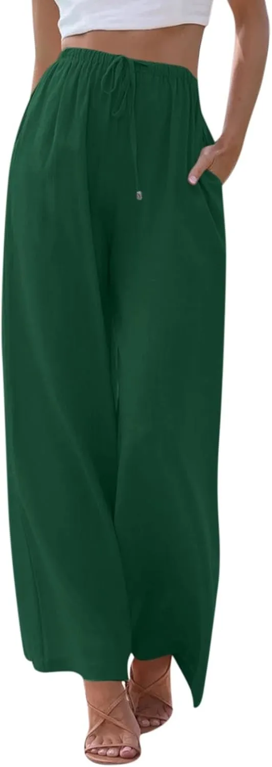 Flowy Linen Pants for Women Boho Casual Beach Wide Leg Trousers Drawstring Elastic Waist Palazzo Pants with Pockets