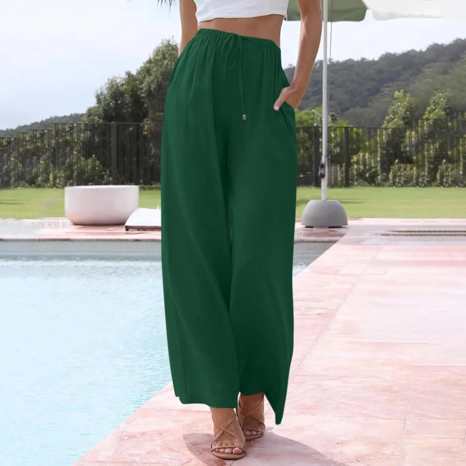 Flowy Linen Pants for Women Boho Casual Beach Wide Leg Trousers Drawstring Elastic Waist Palazzo Pants with Pockets