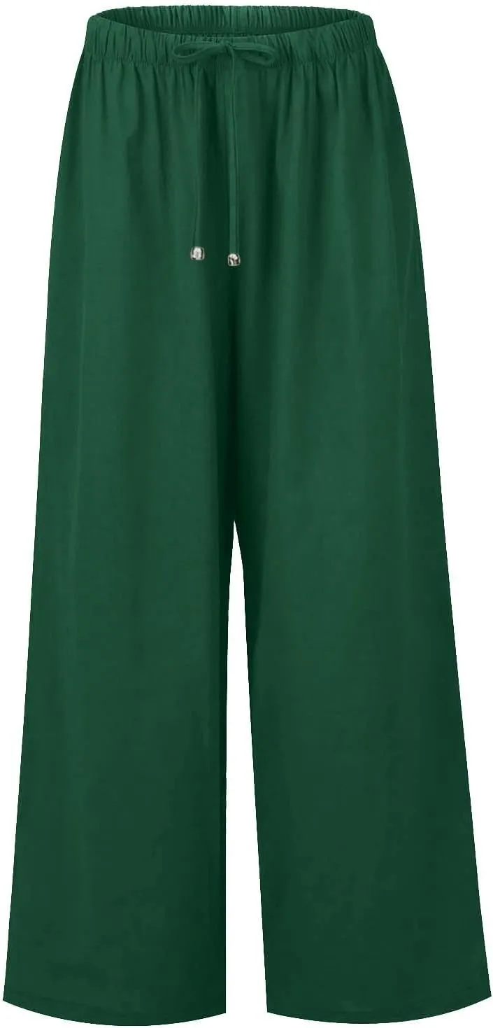 Flowy Linen Pants for Women Boho Casual Beach Wide Leg Trousers Drawstring Elastic Waist Palazzo Pants with Pockets