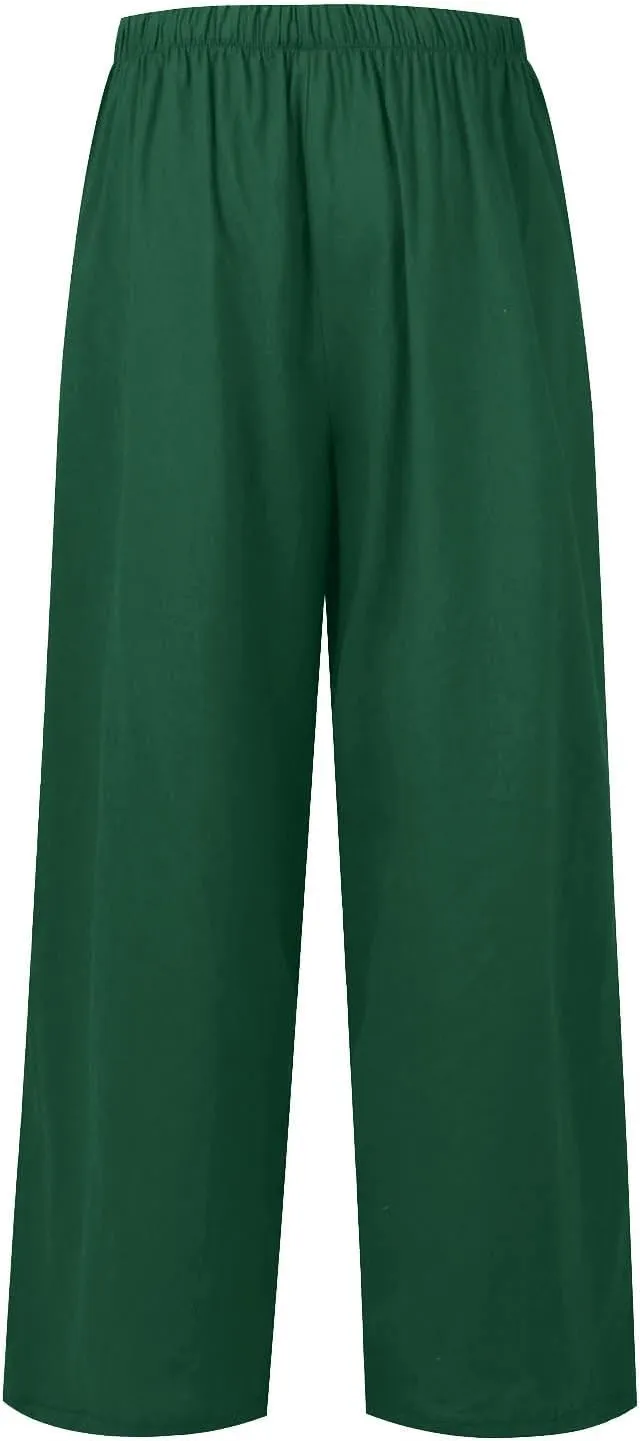 Flowy Linen Pants for Women Boho Casual Beach Wide Leg Trousers Drawstring Elastic Waist Palazzo Pants with Pockets