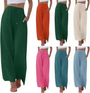Flowy Linen Pants for Women Boho Casual Beach Wide Leg Trousers Drawstring Elastic Waist Palazzo Pants with Pockets