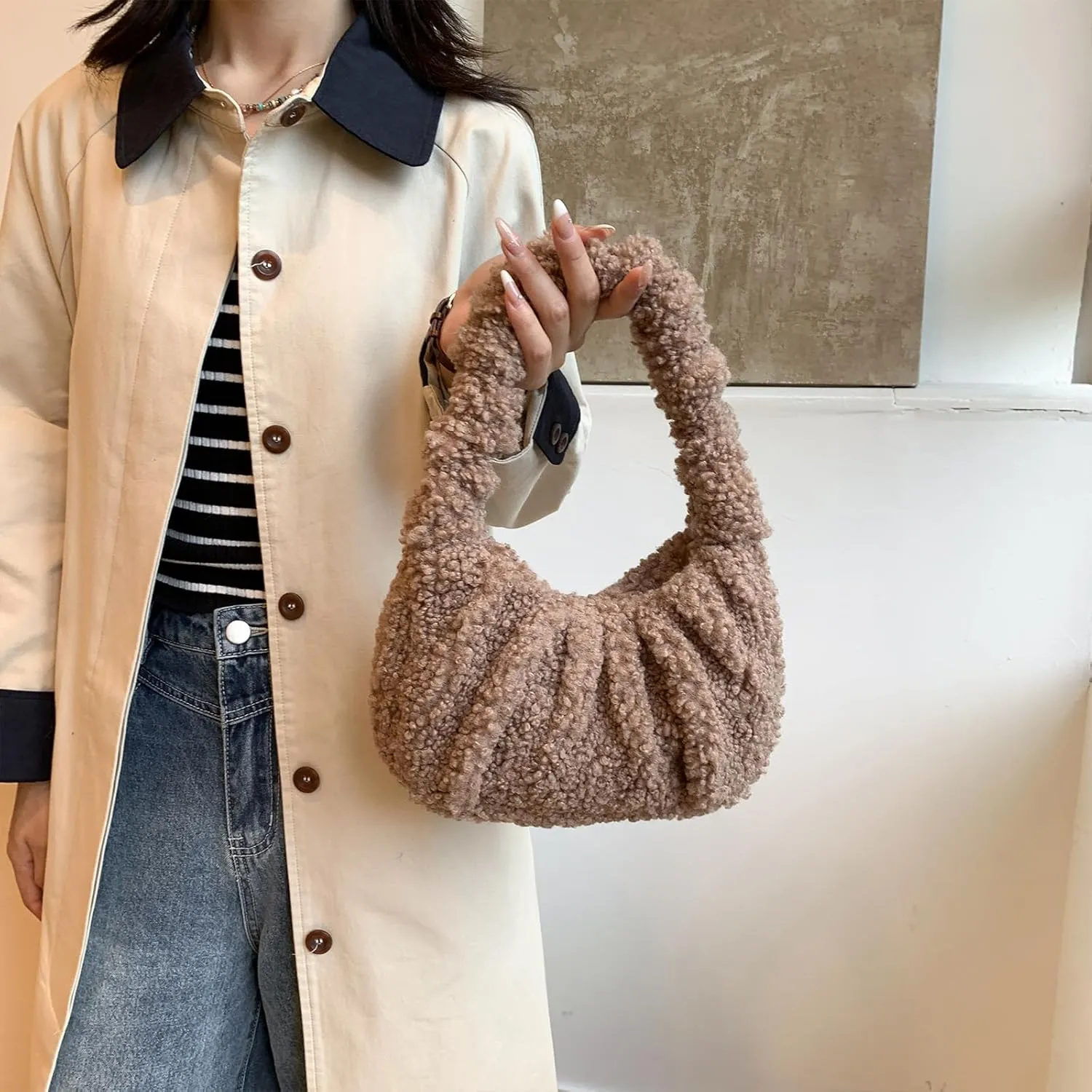 Fluffy Tote Bag, Fuzzy Purses for Women Faux Fur Bag Lambswool Y2k Purse Furry Bag