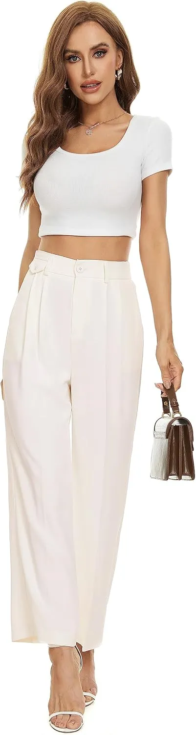 FUNYYZO Women's Loose Pleated Front Long Pants Wide Leg Trousers Solid Causal Dressy