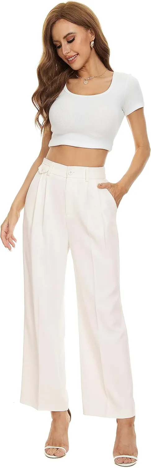 FUNYYZO Women's Loose Pleated Front Long Pants Wide Leg Trousers Solid Causal Dressy