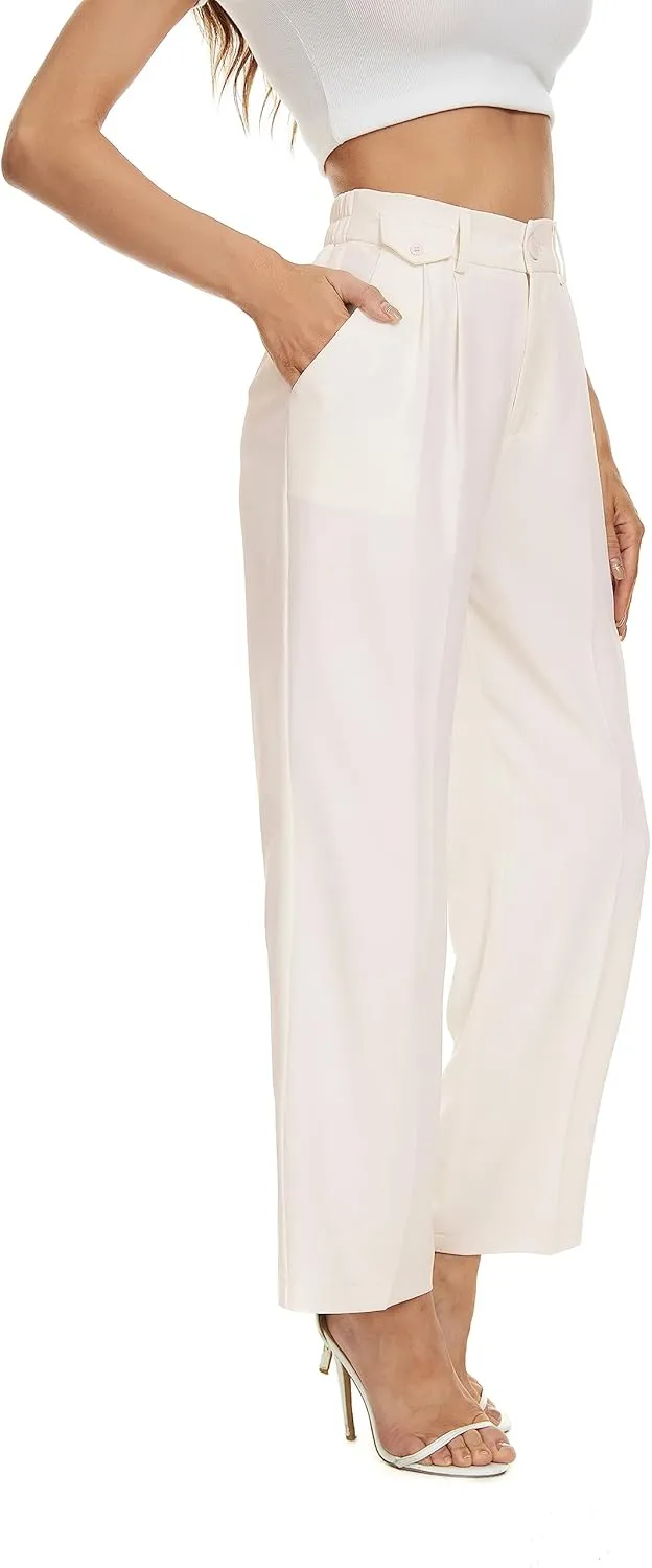FUNYYZO Women's Loose Pleated Front Long Pants Wide Leg Trousers Solid Causal Dressy