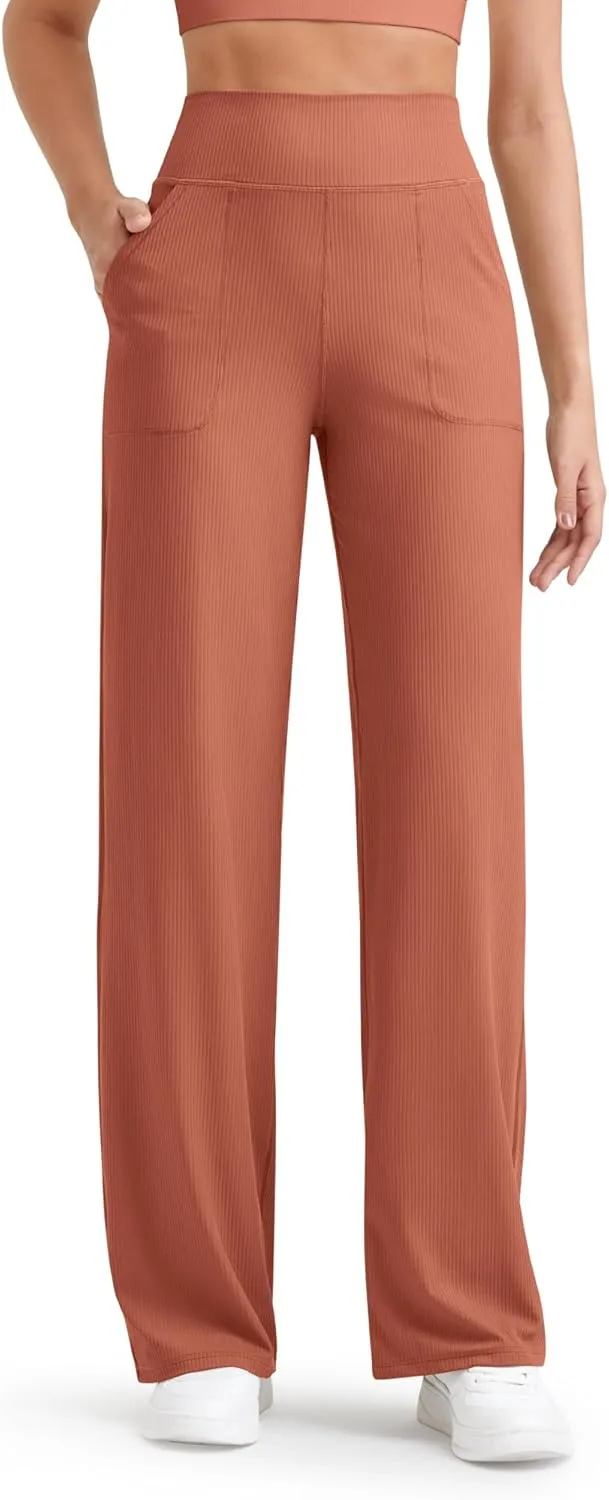 G4Free Women Casual Ribbed Wide Leg Pants with Pockets Lightweight High Waist Yoga Pants Petite/Regular/Tall