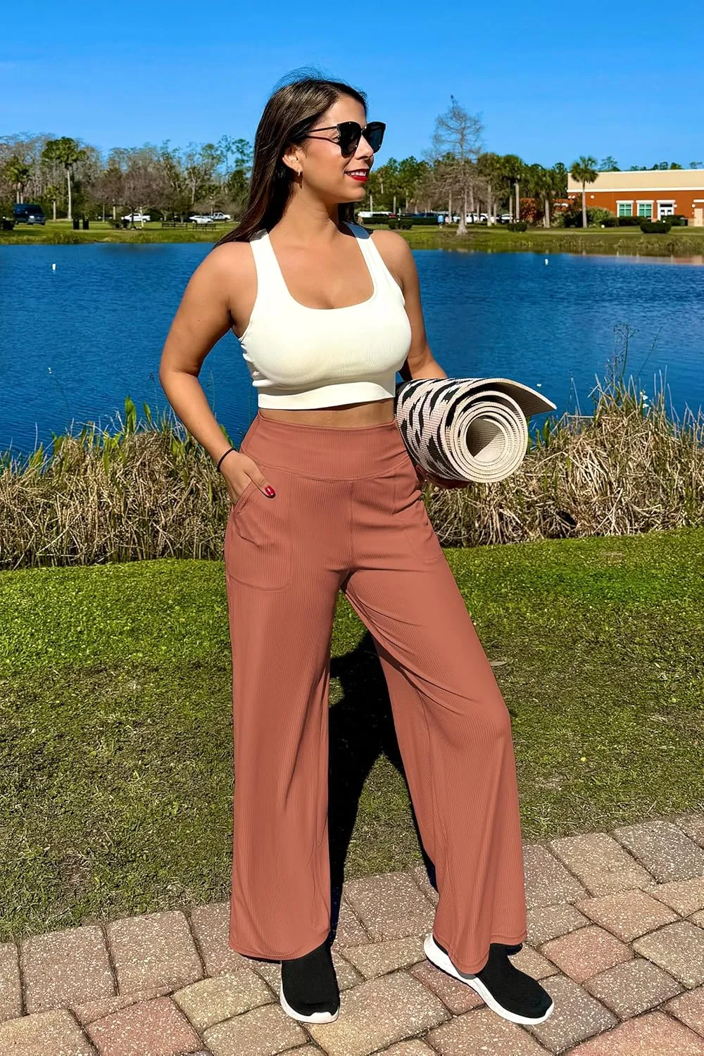 G4Free Women Casual Ribbed Wide Leg Pants with Pockets Lightweight High Waist Yoga Pants Petite/Regular/Tall
