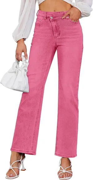 Genleck Women's Blue High Waisted Crossover Jeans - Wide Leg, Stretchable, Casual Denim Pants