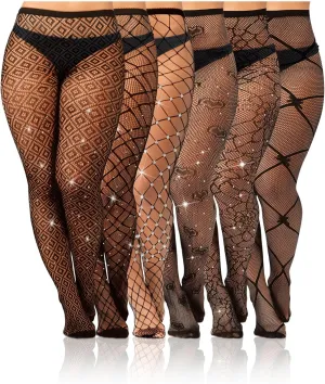 Geyoga 6 Pair Plus Size Rhinestone Fishnets Stockings Glitter Sparkly Tights High Waist Black Fishnet Pantyhose for Women