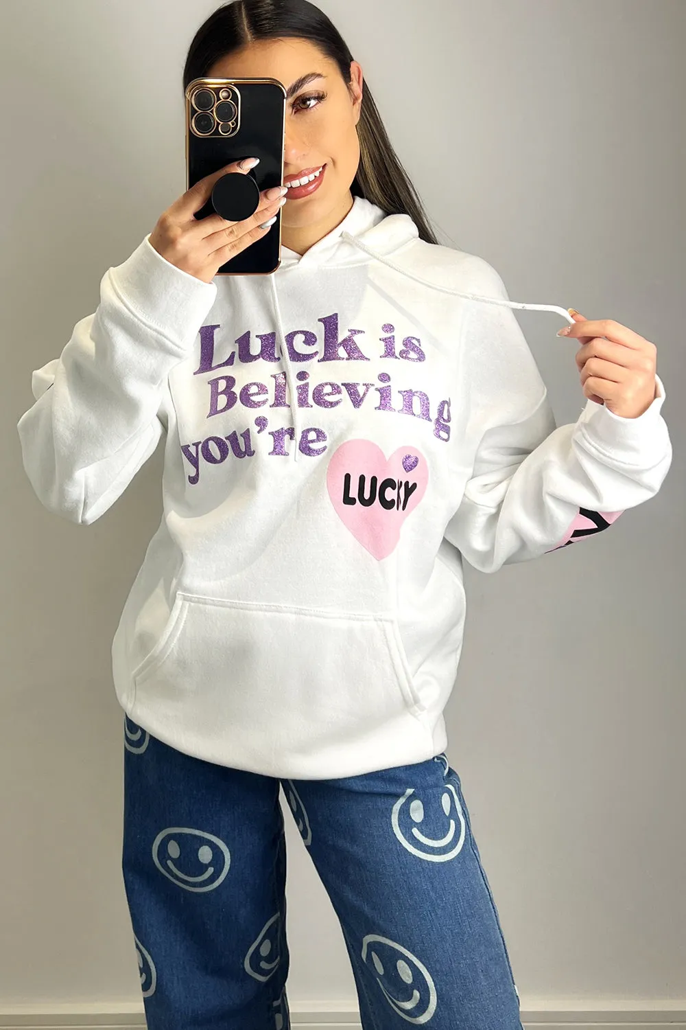 Gigi White Luck is Believing Slogan Oversized Hoodie