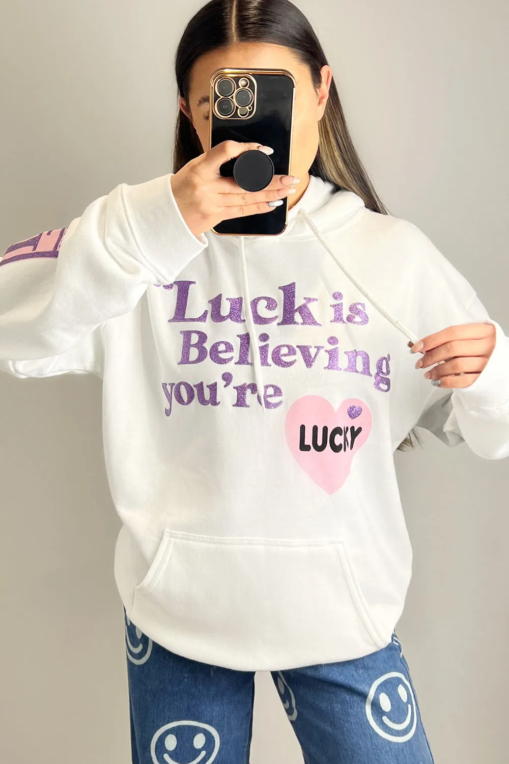 Gigi White Luck is Believing Slogan Oversized Hoodie