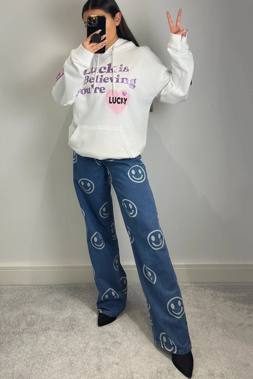 Gigi White Luck is Believing Slogan Oversized Hoodie