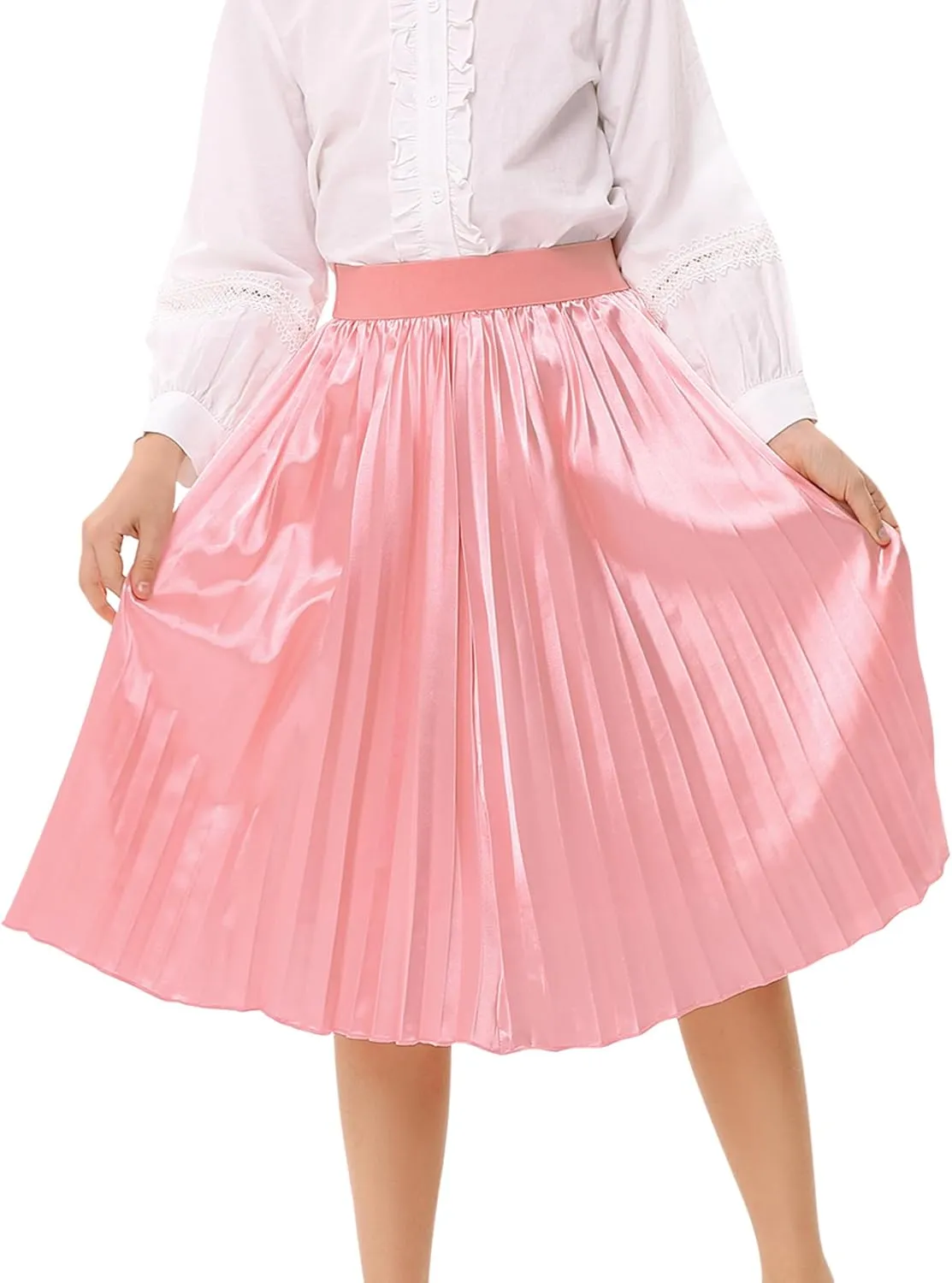 Girls Pleated Midi Skirt Elastic A-line Flared High Waist Swing Metallic Shiny Shimmer 3-12 Years