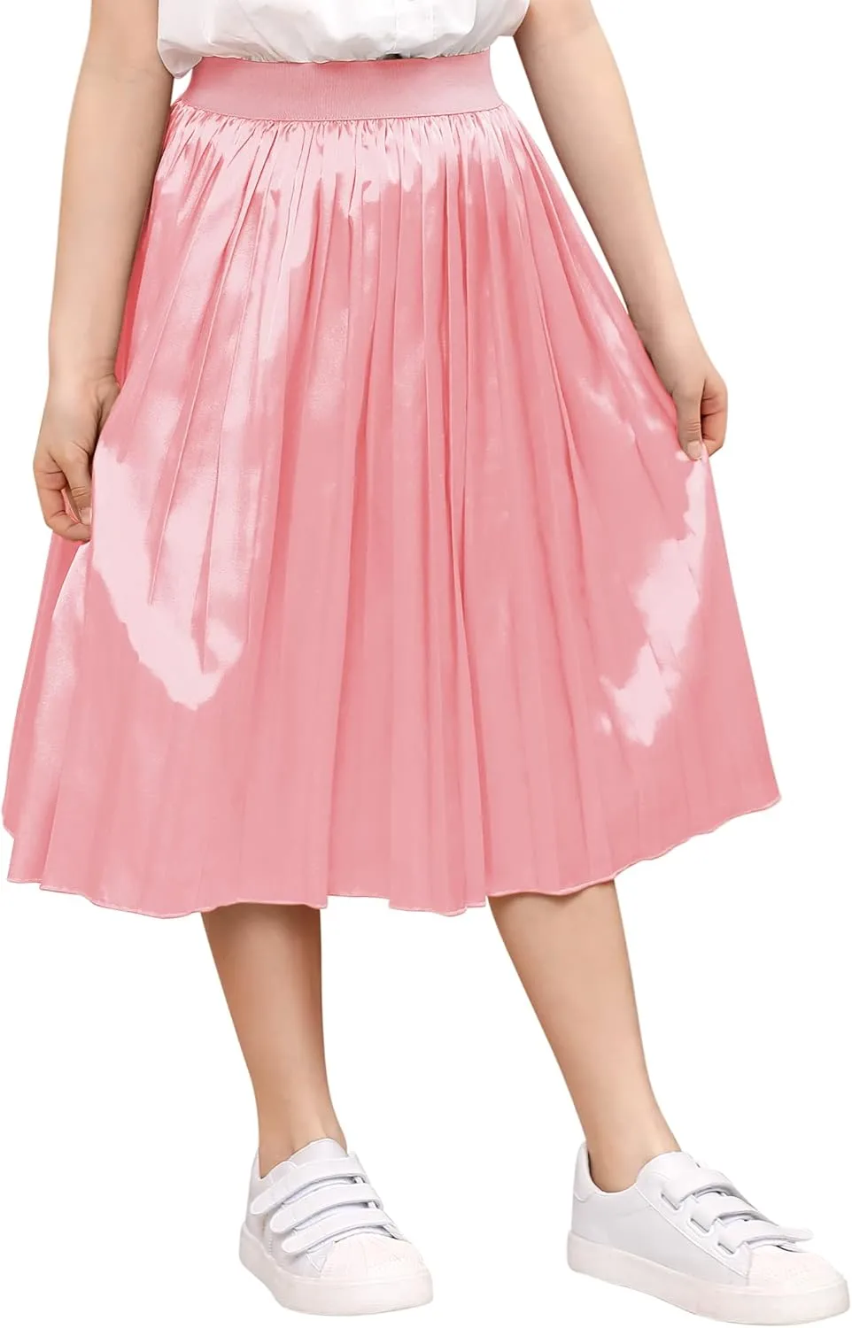 Girls Pleated Midi Skirt Elastic A-line Flared High Waist Swing Metallic Shiny Shimmer 3-12 Years