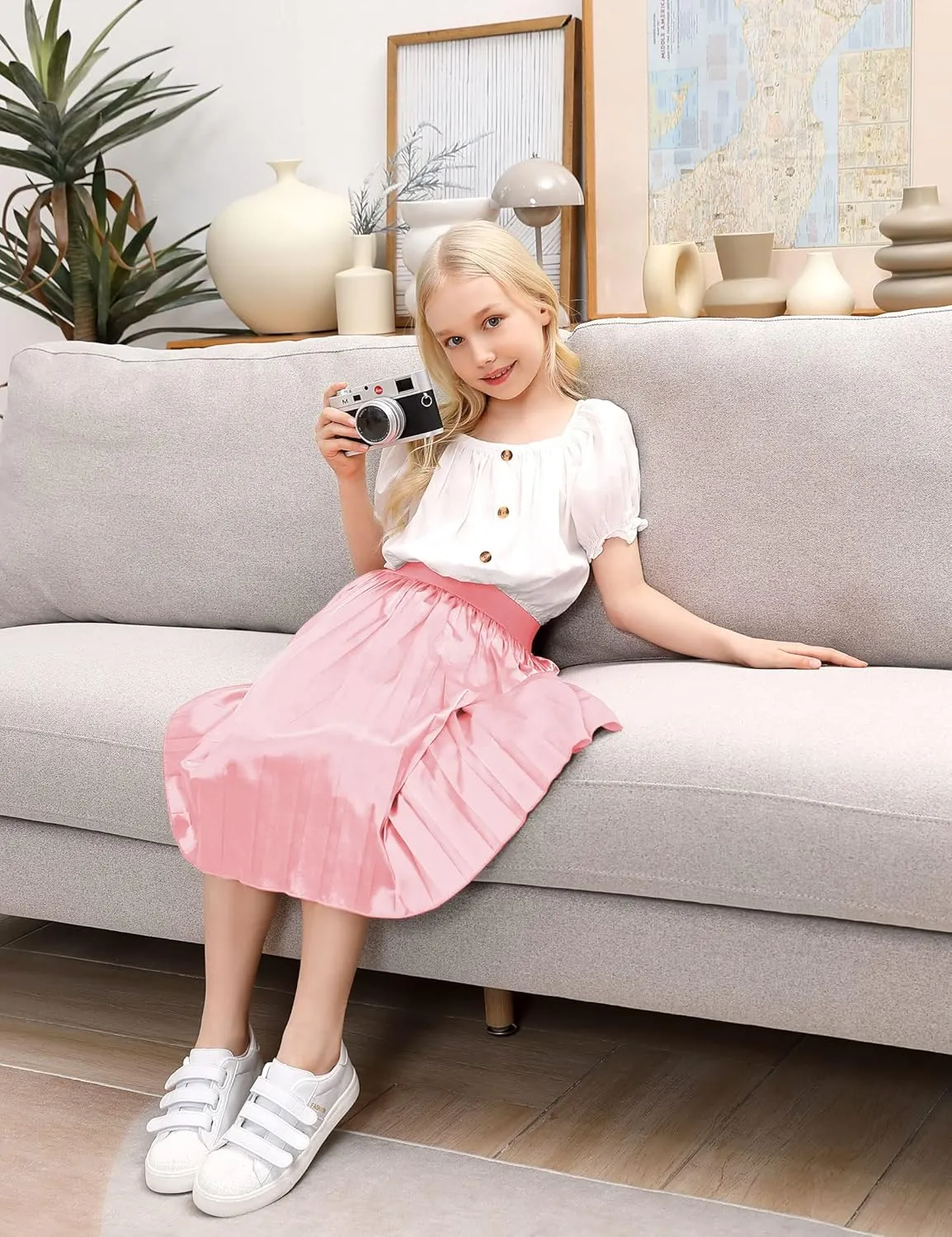 Girls Pleated Midi Skirt Elastic A-line Flared High Waist Swing Metallic Shiny Shimmer 3-12 Years
