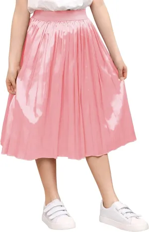 Girls Pleated Midi Skirt Elastic A-line Flared High Waist Swing Metallic Shiny Shimmer 3-12 Years