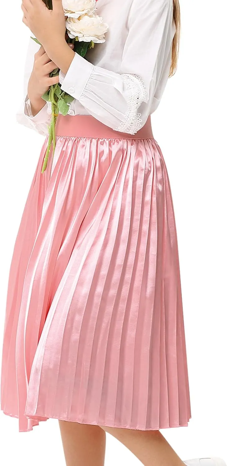 Girls Pleated Midi Skirt Elastic A-line Flared High Waist Swing Metallic Shiny Shimmer 3-12 Years